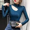 Black Hole Tshirt manica lunga collo alto cut-out Top Sexy Fashion Autunno New Elastic Slim Fit Skinny T-shirt da donna T07924B 210306