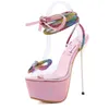 Ny Rainbow Rhinestone Crystal Bowknot PVC Transparenta Sandaler Kvinnor Högklackat Lace Up Platform Shoes Stripper Heels Prom Pumps