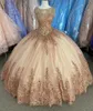 Rose Gold Vestidos de 15 años 2021 Quinceanera Klänningar Scoop Neck Tassel Beaded Applique Keyhole Back Ball Sweet 16 Prom Crows