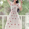 PERHAPS U White V-neck Strawberry Embroidery Puff Short Sleeve Empire Long Dress Empire Sweet Summer Beach Holiday D2433 210529