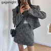 Vintage Women Two Pieces Set Solid Korean Blazer High Waist Mini Short Skirt Spring Autumn Outfits Drop 210601