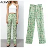 AOMO Fashion Women Green Leaves Print Suit Pantaloni Pantaloni Tasche stile vintage Bottoni Office Lady Pants Pantalon 5Z231A Q0801