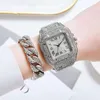 Wristwatches Watch For Women Men Luxury Hip Hop Full Iced Out Gold Watches With Cuban Chain Quartz Square Bracelet Set