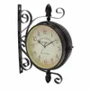 Rétro double face rotative horloge murale en métal horloge suspendue extérieure / maison / jardin décor horloge européenne cadeau mural + support 210310