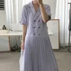 Korejpaa Frauen Kleid Sommer Koreanische Chic Damen Retro Sanfte Anzug Kragen Zweireiher Nähte Lose Plissee Vestidos 210526