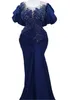 2022 Plus Size Arabo Aso Ebi Royal Blue Mermaid Prom Dresses Pizzo Perline Cristalli Sera Festa formale Secondo ricevimento Compleanno 212T