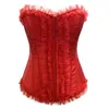 Women Lace Ruffle Trim Fashion Overbust Corset 2022 Appliques Lacy Front Silky Alike Red Bridal Corselet Lingerie Black S-3XL Gothic Party Dancing Tops