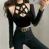 WOMENGAGA Super Sexy European Girl Female Black Full Sleeve Hollow Out Top Short T Shirt P88N 210603