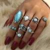 S2251 Fashion Jewelry Ethnic Style Ring Retro Turquoise Carved Geometric Rings Set 8pcs/set