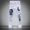 Men casual denim jeans long design Korean style stretch slim fit new white print jeans long fashion dropship plus size 28-42 X0621