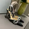 Mach Satin Bow Pumps Crystal Embellished rhinestone wedding shoes Evening stiletto Heels women heeled Luxury Designers ankle strap Dress shoe factory footwear