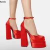 Rontik El Yapımı Kadın Platformu Ayak Bileği Kayışı Saten Tıknaz Topuklu Kare Ayak Muhteşem Kırmızı Mor Parti Ayakkabı Kadın Boyutu 34-43