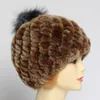 Winter Lady Natural Rex Rabbit Fur Hat Women Warm Morb Genuine + Silver Ball Knitted Caps 211229