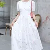 sommar mode casual kvinnor o neck vit kortärmad jacquard broderad bomull klänning 210531