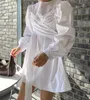 Koreaanse chique casual losse o hals bladerdeeg lange mouw kruis bandage witte shirts jurk vrouwen vestido feminino mode zwart wild 210610