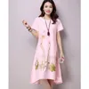 Saiqigui Summer Dress Plus Size Short Sleeve White Women Dress Casual Cotton Linen Dress Lotus Printing O-Neck Vestidos de Festa 210303