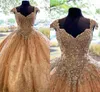 Moderne Champagne Quinceanera Robes Tulle Dentelle Cristal Perles Sweeteart Corset Retour Bling Prom Robes De Bal Sweet 16 Robe Sur Mesure