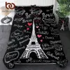 BeddingOutlet France Paris Tower Bedding Set Black and White Bed Set Romantic Letters Heart Print Quilt Cover Soft Home Textiles 210309
