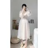 Chic Net fil robe femmes été coréen élégant fée doux manches bouffantes taille mince abricot longues robes femme LR1316 210531