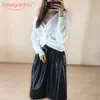 AELEGANTMIS SAIA DE CALARO PU PU HIGNIDADE Mulheres Primavera Autumn High Salia Longa Plataforma Lady Casual Partido Máxia Maxi 210311