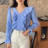 Women's Blouses & Shirts Alien Kitty Blue Ruffles Striped Retro Plus Size V-Neck Slim Loose-Fitting All Match Autumn Women Tops Vintage Styl