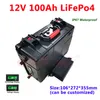 Waterproof 12V 100Ah LiFepo4 lithium battery pack with voltage display for 1000W-3000w fishing boat car refrigerator+10A Charger