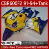 Body + Réservoir pour Honda CBR600 CBR 600 F2 FS CC 600F2 91 92 93 94 Bodywork 63NO.78 CBR600F2 CBR600FS 600CC 1991 1992 Blue jaune 1993 1994 600FS CBR600-F2 91-94 Kit de carénage