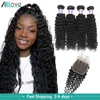 Allove Water Malaysian Body Straight Human Hair Bundles Wefts with Lace Closure Brazilian Indian Curly Extensions Deep Loose for Women All Ages Jet Black 8-28inch