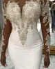 Robes De Mariée 2022 Charmante Aso Ebi Robes De Mariée Avec Satin Overskirt Fente Plus La Taille Illusion À Manches Longues Cristaux Perlés Robes De Noiva Mariee