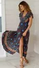 Summer Dress Indie Folk Women Sexy Printed Bow Holiday Beach Wrap Dresses V-Neck Boho Dress Elegant Party Sundress X0705