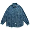 メンズジャケットレトロな格子縞デザインデニムは古いカジュアルな緩い長袖シャツの女性のジャケットm-3xl