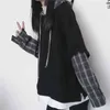 Deeptown Striped Sweatshirt för kvinnor Svart gotisk stil Hoodie Patchwork Grunge Långärmad Plaid Pullovers Korean Fashion 211108