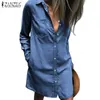 Kvinnor sexig mini dr2021 zanzea damer denim blå kort vestidos kvinnlig casual lapel nackfickor robe beach party sund7 x0529