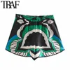 TRAF Femmes Poches latérales de la mode Mode imprimé Bermuda Shorts Vintage Haute Taille élastique Vents Femme Pantalon court Mujer 210719