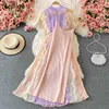 Neploe elegante elegante Stand Collar plisado Maxi vestido femenino manga voladora contraste Color gasa Vestidos drapeado gran Swing Robe Y0823