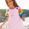 Hoppmätare Stripe Summer Barnkläder med fågelapplikation Söt amerikansk stil Bomull Princess Tjejer Klädkläder 210529