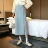 Traf sommar kvinnor koreanska långa jeans midi lösa kjolar mörk ljusblå split hög midja denim vintage kvinnlig high street 210724