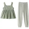 Summer Children Sets Casual Strap Plaid Ruffles Tops Solid Trousers 2Pcs Girls Clothes 3-12T 210629