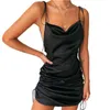 Summer Dress Satin Sling Women Sleeveless Solid Color Lady Sexy Night Party Club Wear Ruched Drawstring Fashion Mini Dress 210712