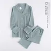 Algodão japonês Crepe Masculino de manga comprida + calças pijamas primavera e outono fino casal casa casa terno terno pijama 211112