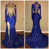 New Royal Blue High Collar With Gold Lace Applique Long Sleeves Evening Dresses Mermaid Split Side High Vintage Party Prom Gowns