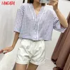 Tangada, camisa corta con estampado de cuadros púrpura Retro para mujer, camisa informal elegante de verano de manga corta para mujer, Tops QD20 210609
