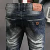 Italiaanse stijl mode mannen jeans retro blauwe elastische katoenen slanke pasvorm gescheurd voor streetwear vintage designer denim broek