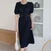 Koreański Styl Summer Sukienka Dla Kobiet Krótki Rękaw Puff Round Neck Slim Line Długie Sukienki Damskie Damskie Odzież 2D1730 210526
