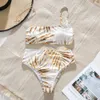Gold Leaves Print Bikini Women High Waist Swimsuit Sexy Swimwear Bandeau Push Up Set Bathing Suits Summer Beach Wear 210629