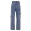 Designs High Waist Fickor Jeans Kvinnor Blå Bomull Lastbyxor Streetwear Straight Casual Denim Kläder Sommarstil