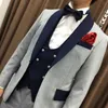 Gray Wedding Groom Tuxedo with Navy Shawl Lapel 3 piece Prom Men Suits Double Breasted Waistcoat Jacket with Pants Man Fashion X0909