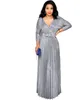 Robe longue réfléchissante Party Night Sexy V Cou Ceinture élégante Glitter Maxi Rose Robe plissée Robes Robe Femme 210623