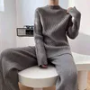 REALEFT Autumn Winter 2 Pieces Women Sets Knitted Tracksuit Half Turtleneck Sweater+Wide Leg Jogging Pants Pullover Suits 211109