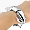 Großer schwerer Herren-Armreif aus Edelstahl mit Hai-Manschette, poliertes Punk-Armband, Silber, 22 cm, mit Samtbeutel